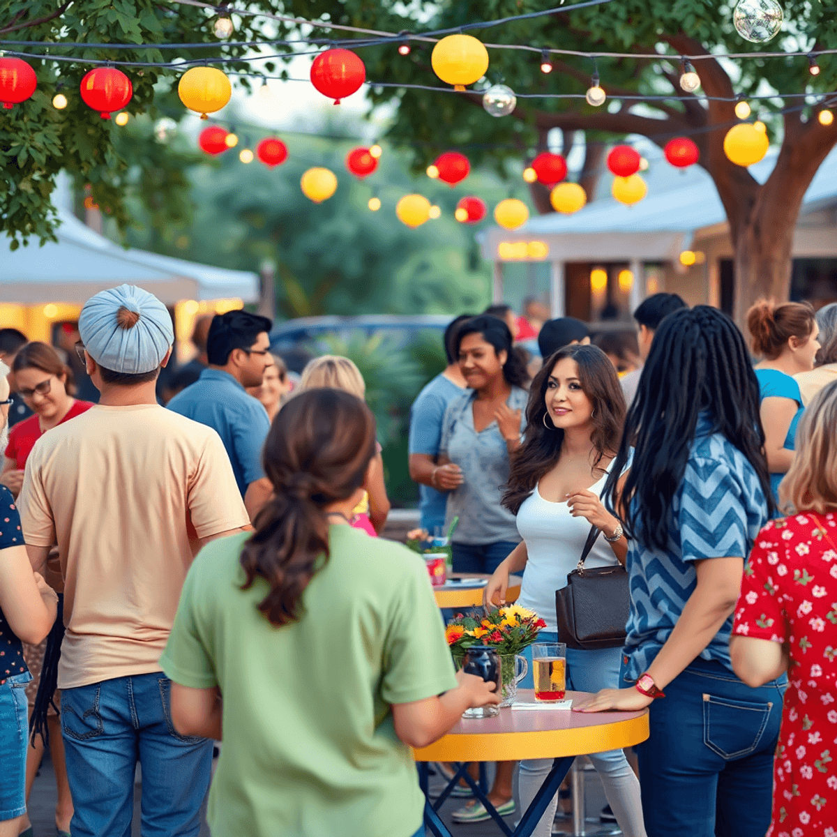A lively outdoor community event in Olivehurst, featuring colorful decorations and festive lights, with singles mingling at small tables, sharing j...