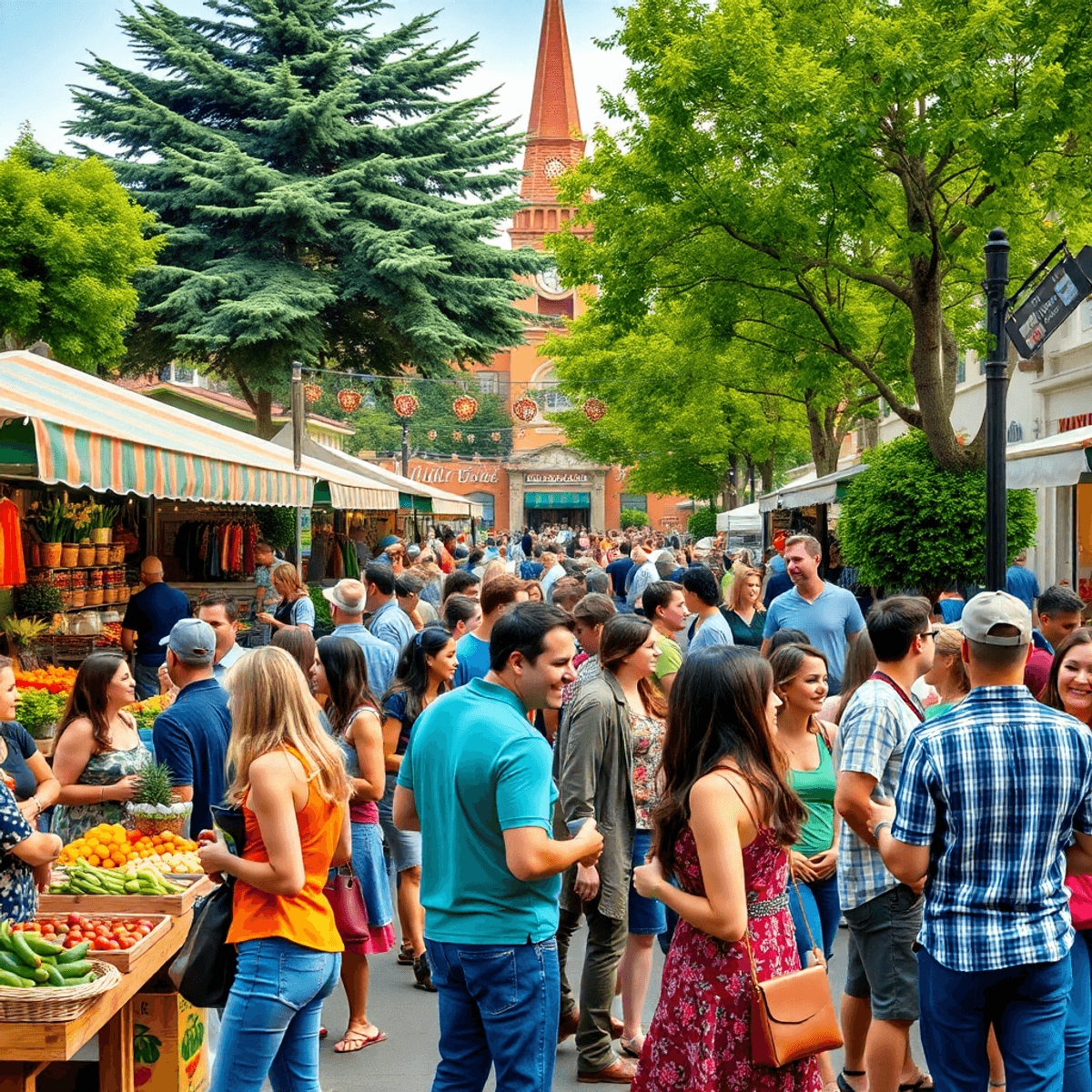 A lively Arcata Plaza event with people mingling, colorful market stalls filled with fresh produce, surrounded by greenery, showcasing community wa...