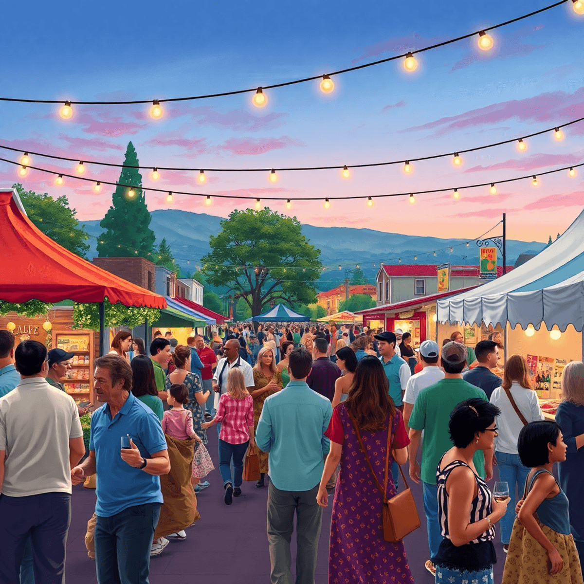 A lively community event in Greenfield, California, featuring wine tasting, craft booths, and live music under twinkling lights, capturing the esse...