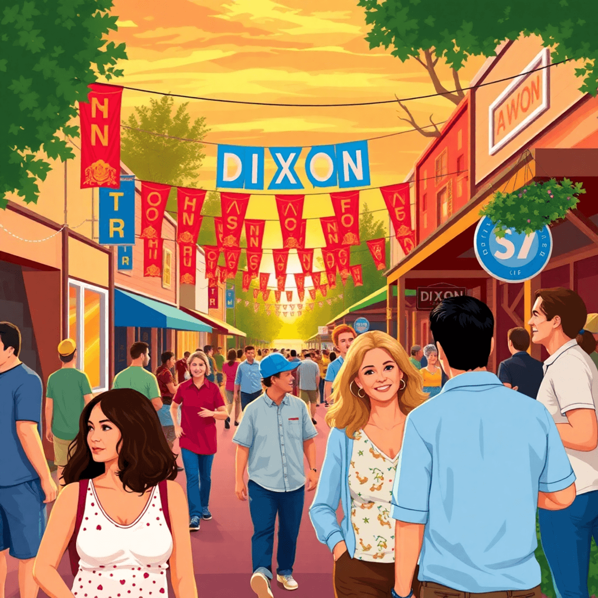 A lively small-town street scene in Dixon, California, with colorful banners, people chatting warmly, and a beautiful sunset, capturing the essence...