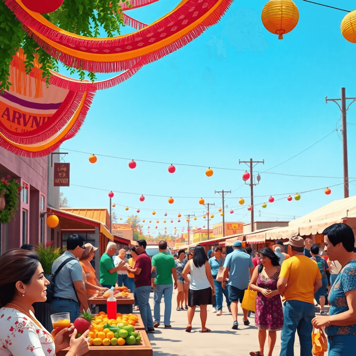 A lively community gathering in a small town, with colorful decorations, people chatting warmly, local produce displayed, and a festive atmosphere ...