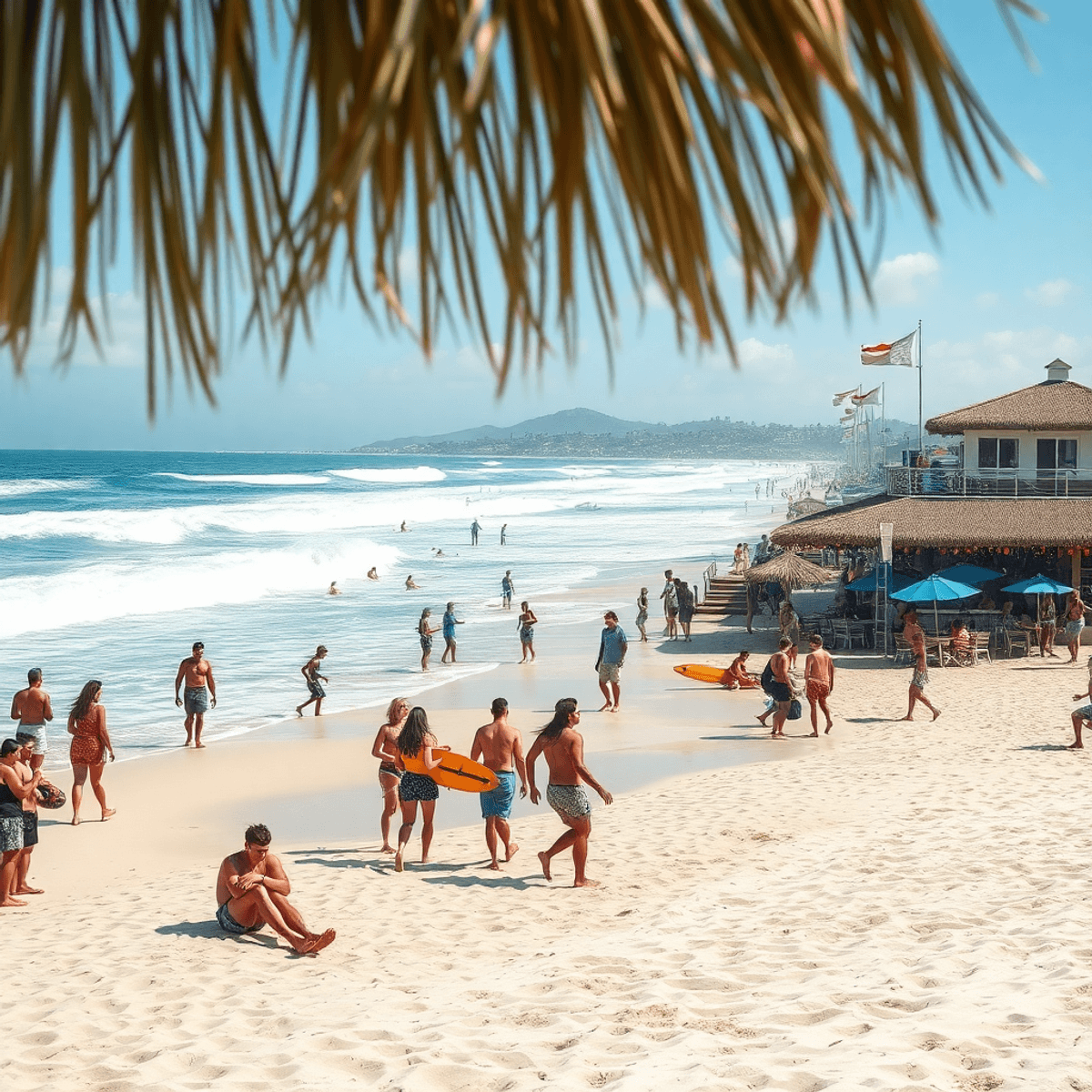 A lively beach scene in Hermosa Beach with crashing waves, beach volleyball, surfboards, and people walking along the shore or relaxing at a beach ...