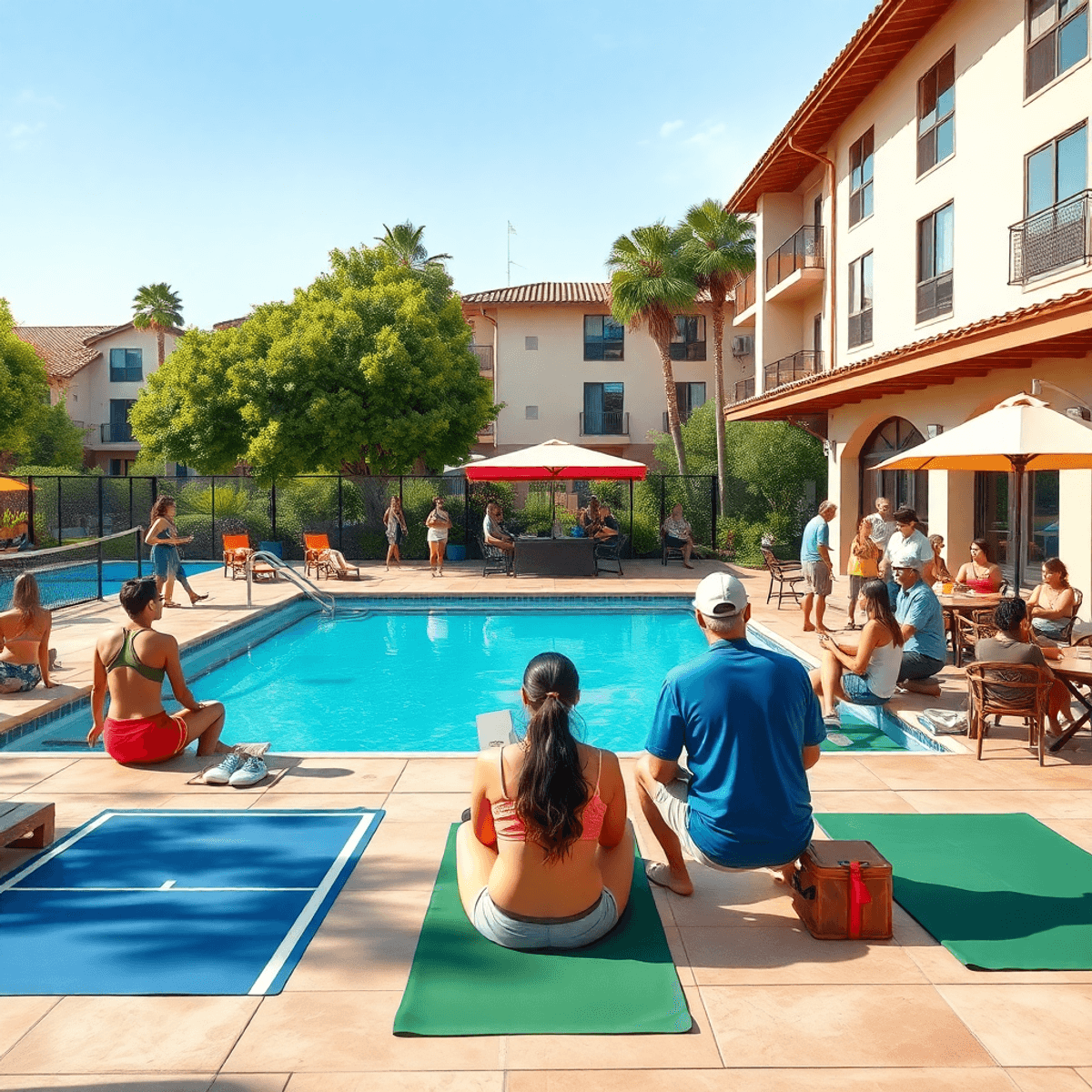 A sunny poolside resort scene with people enjoying conversations and activities, alongside tennis courts, yoga mats, and inviting dining areas in T...
