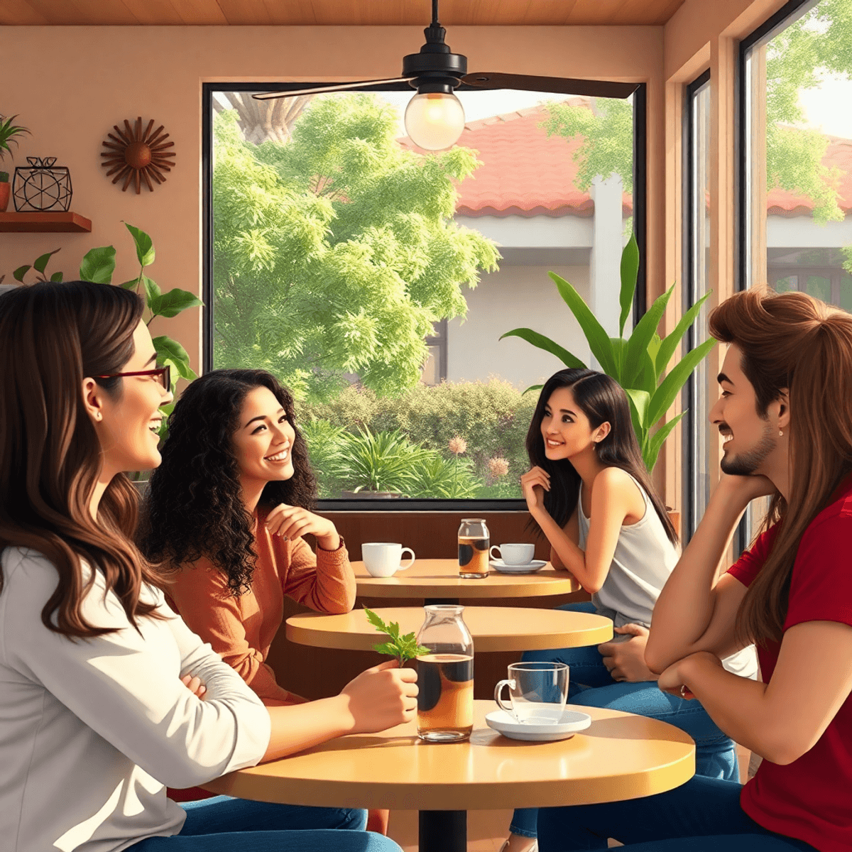 A cozy coffee shop in Walnut, California, with people engaging in lively conversation and laughter, surrounded by greenery and intimate seating arr...