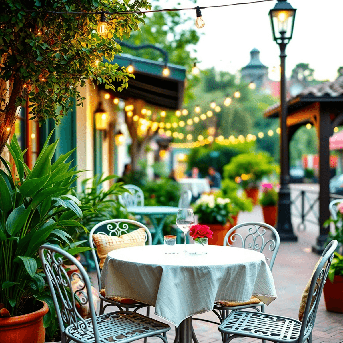 A cozy outdoor café table for two, adorned with romantic decor and surrounded by lush greenery and twinkling lights, set against a backdrop of char...