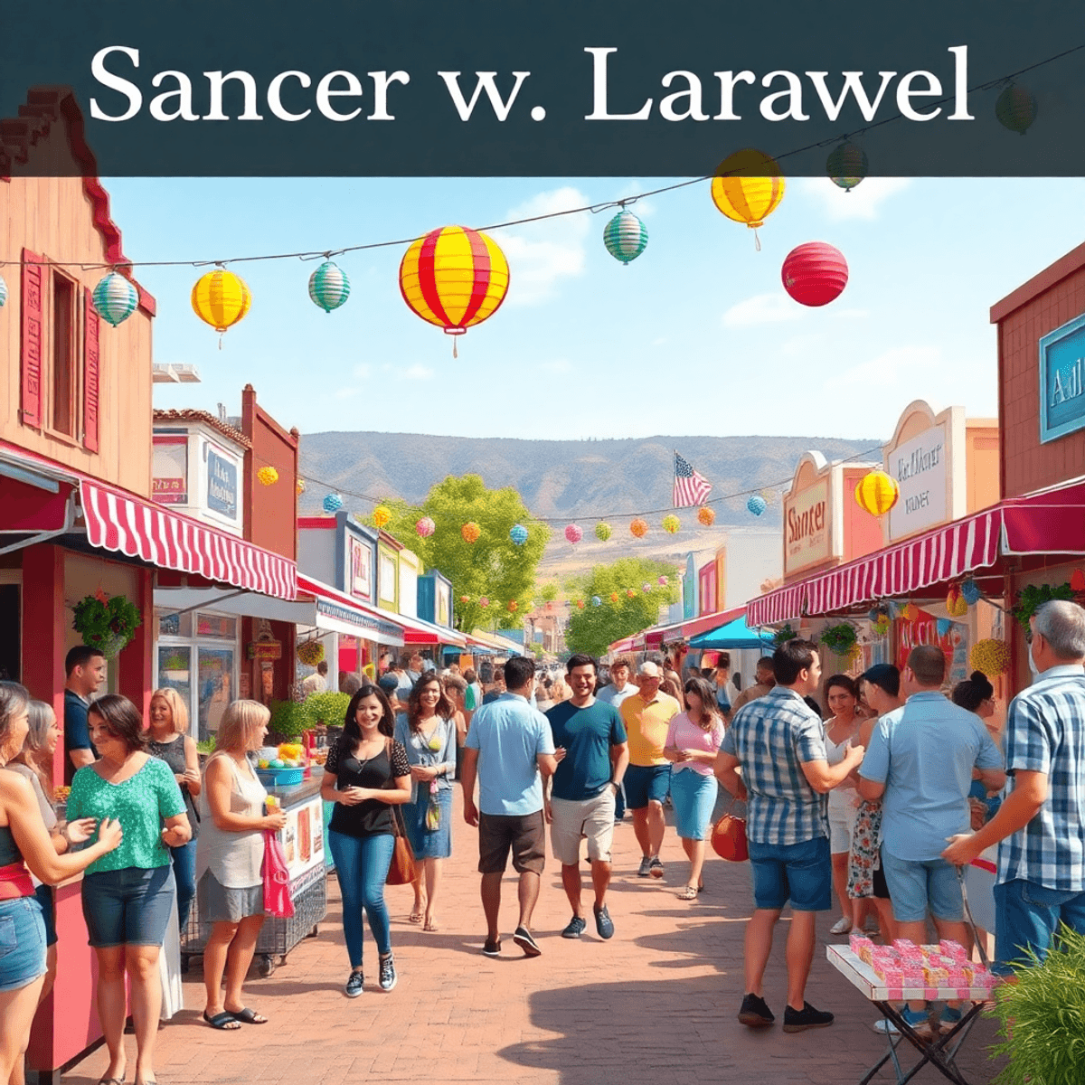 A vibrant small-town festival scene in Sanger, California, featuring colorful decorations, food stalls, and people enjoying outdoor activities and ...