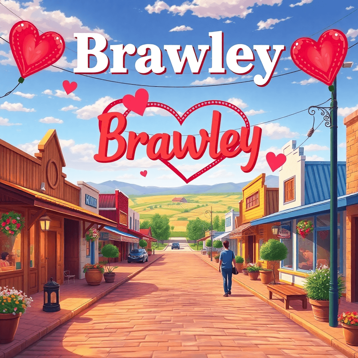 A picturesque small-town street in Brawley, California, with charming agricultural elements and symbols of connection like hearts, evoking warmth a...