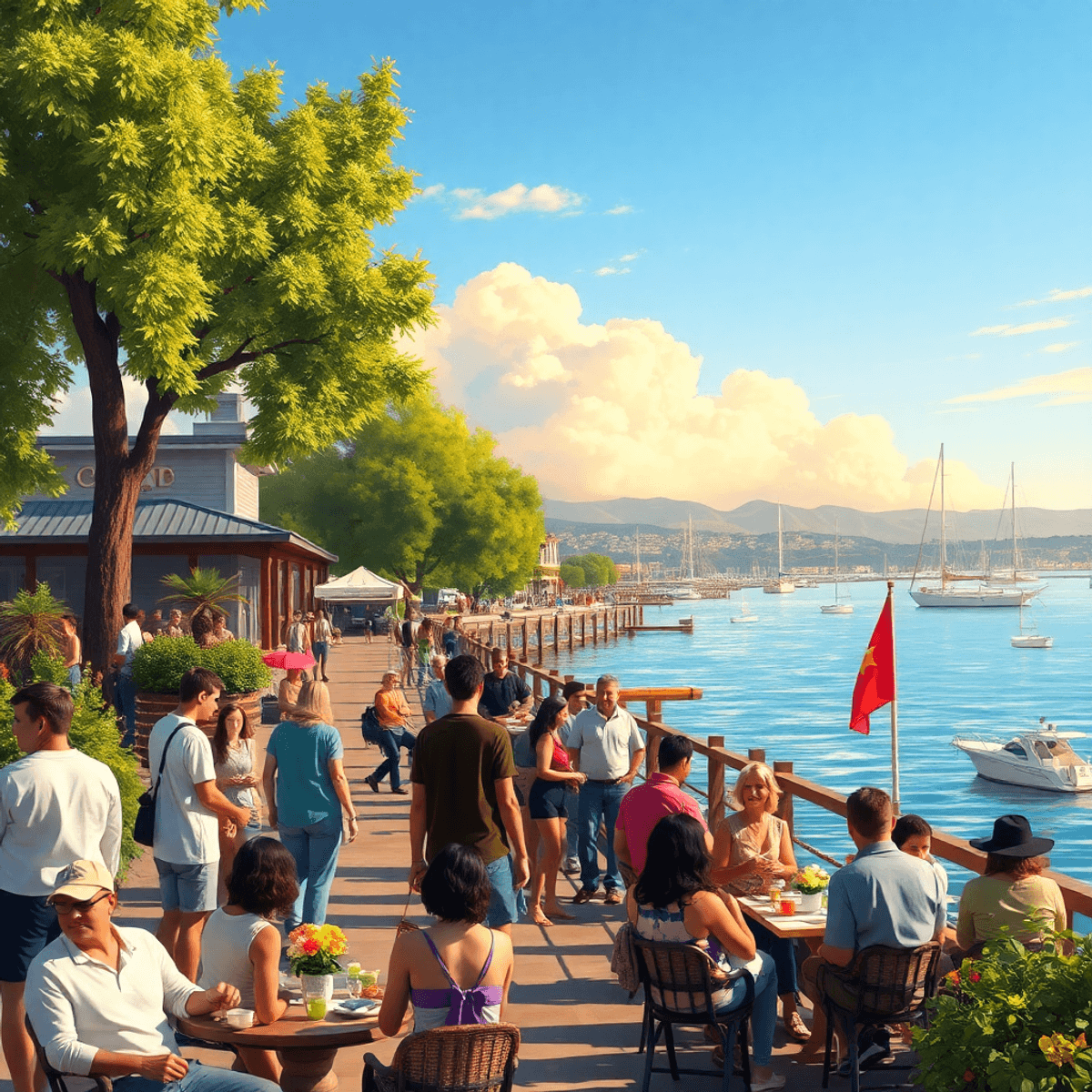 A vibrant waterfront scene in Suisun City, with people engaging in hiking, dining, and art workshops, surrounded by local parks and a lively commun...