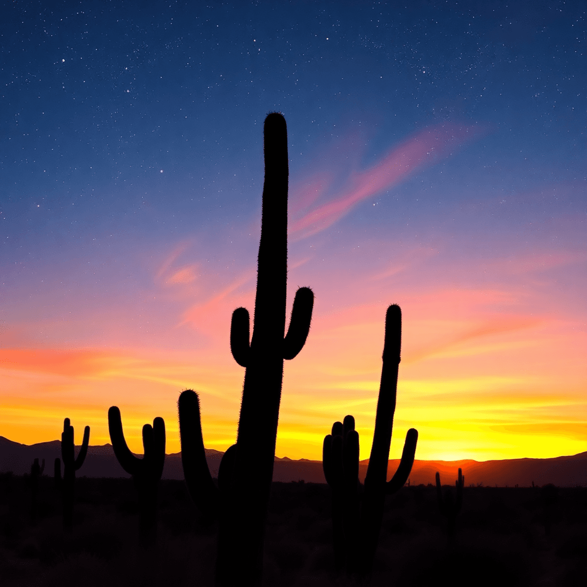 A romantic desert sunset in Twentynine Palms, California, showcasing silhouettes of cacti against a vibrant sky filled with colors, evoking adventu...