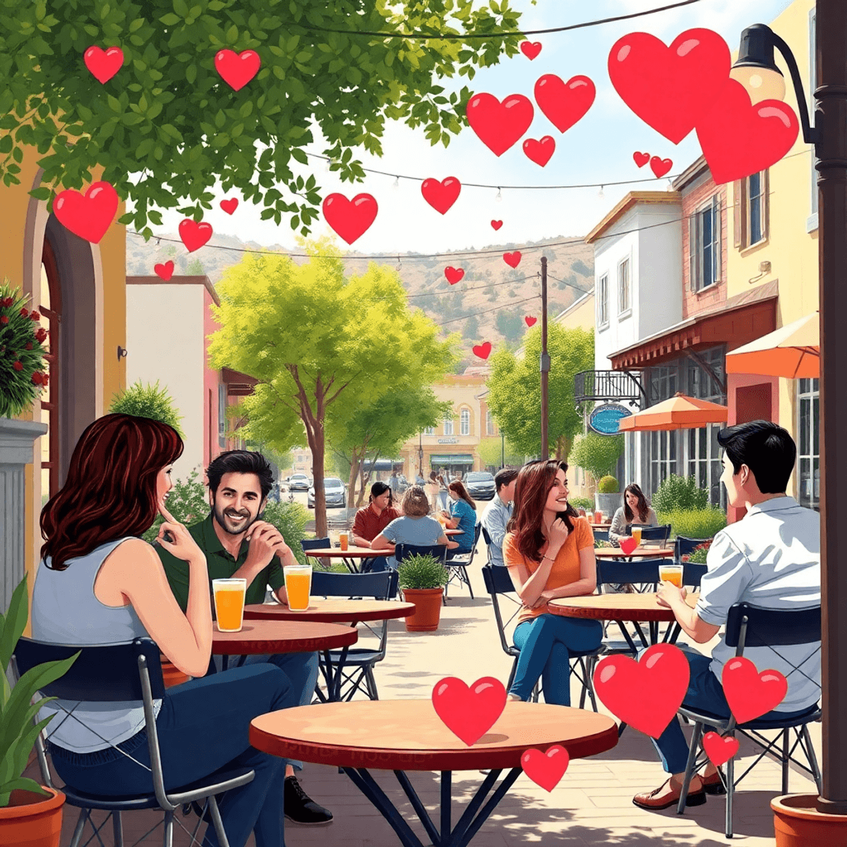 A cozy café with outdoor seating, people chatting, coffee cups on tables, hearts in the decor, and charming architecture under a sunny sky, evoking...