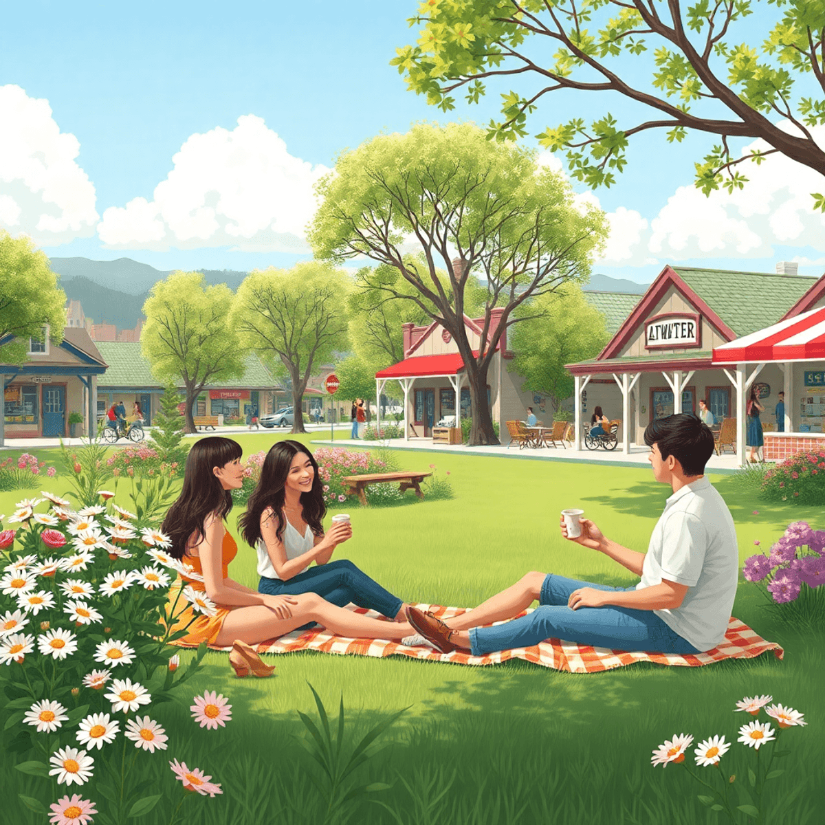 A sunny park in Atwater, California, filled with couples on picnic blankets, sipping coffee, and enjoying blooming flowers and vibrant greenery, cr...