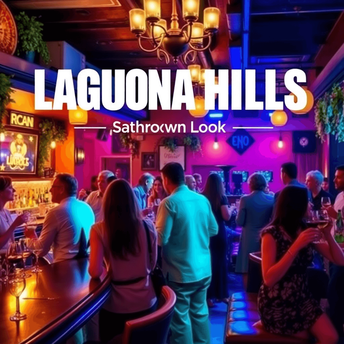 A lively bar scene in Laguna Hills with people enjoying drinks and live music, warm lighting, colorful decor, wine glasses, and a cozy seating area.