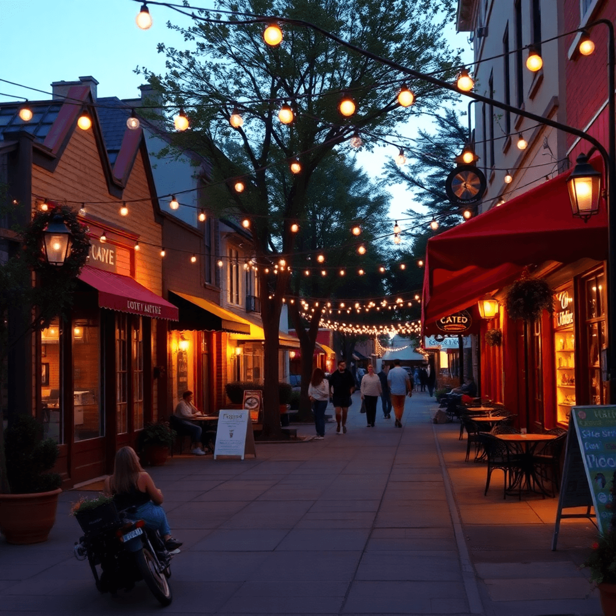 A lively downtown street scene in Los Gatos at dusk, with boutique shops and cafes adorned with string lights, creating a cozy and inviting atmosph...