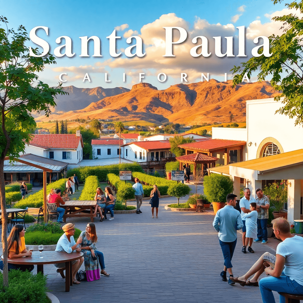 A cozy outdoor gathering in Santa Paula, California, with people mingling, a local vineyard in the background, and board games set up, all in a war...