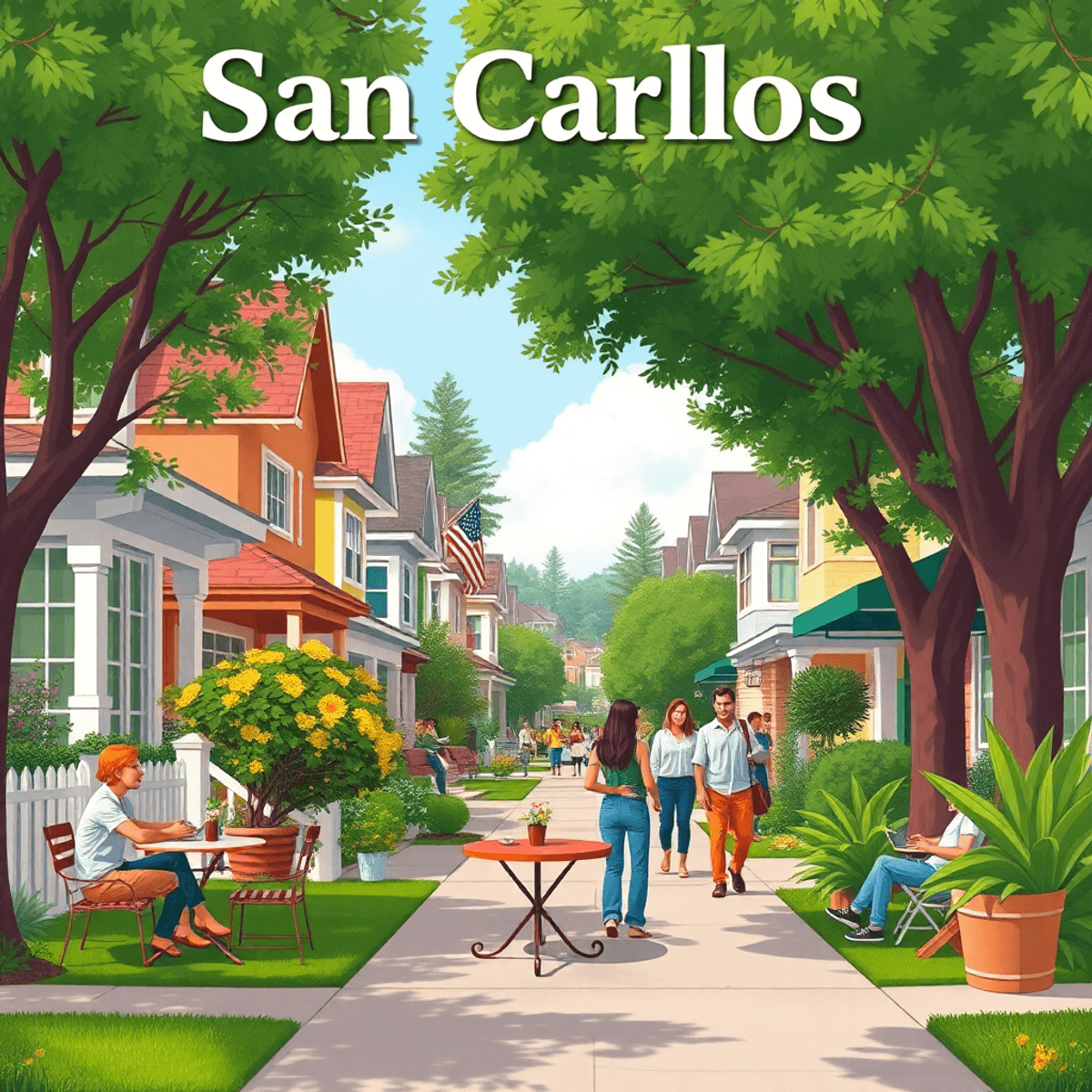 A picturesque suburban street in San Carlos, California, featuring charming homes, greenery, a couple at an outdoor café, and individuals engaging ...