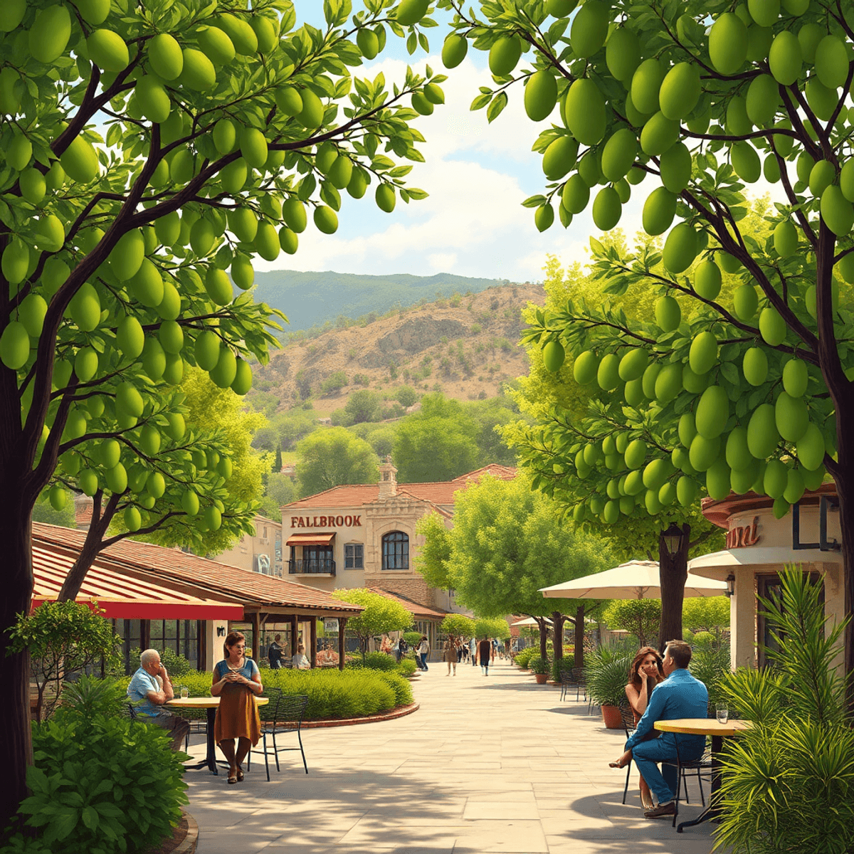 A scenic view of Fallbrook, California, showcasing lush avocado trees, a cozy café, and a couple enjoying an outdoor activity, embodying warmth and...