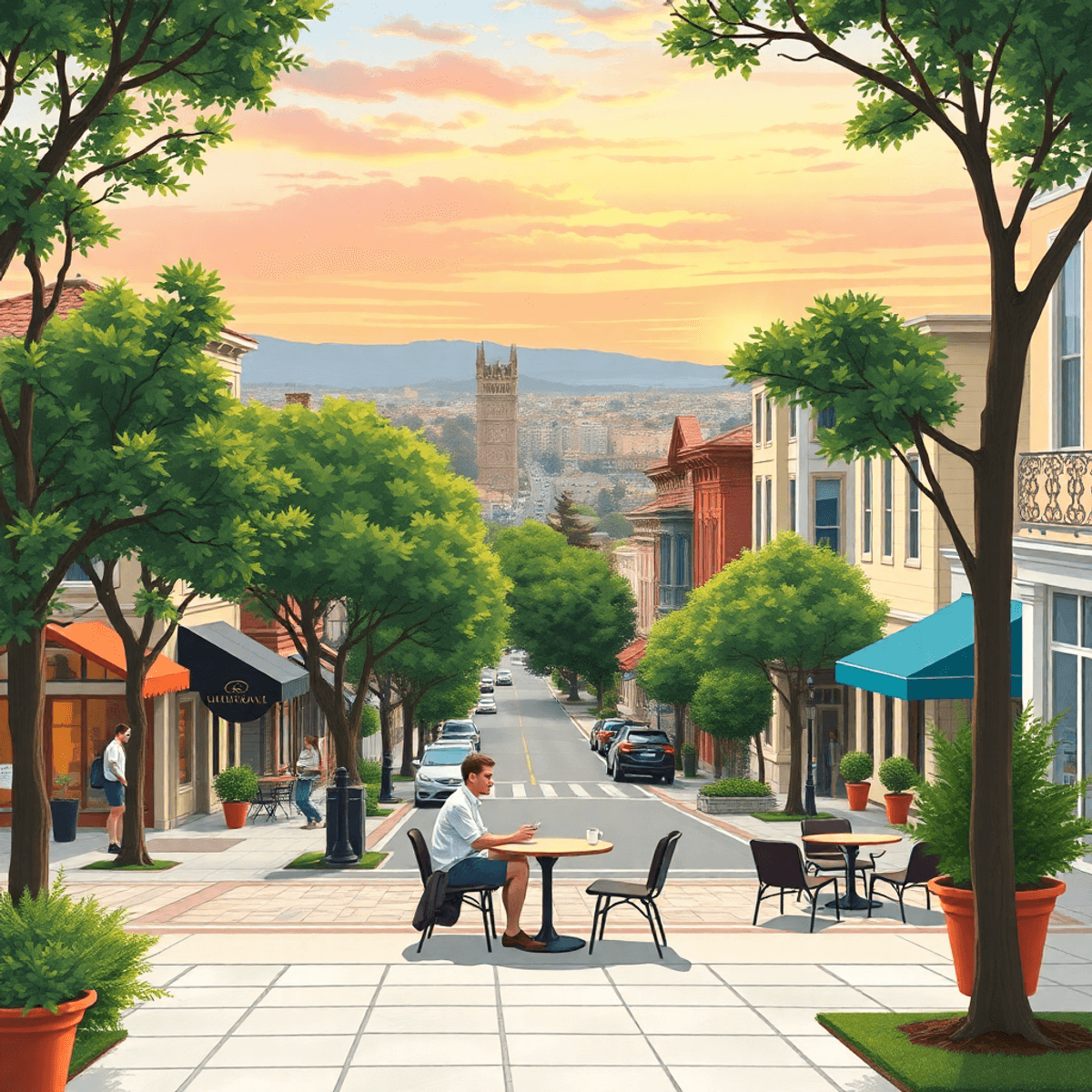 A scenic view of Burlingame, California, with tree-lined streets, historic buildings, and a cozy coffee shop. Two people chat outdoors against a su...