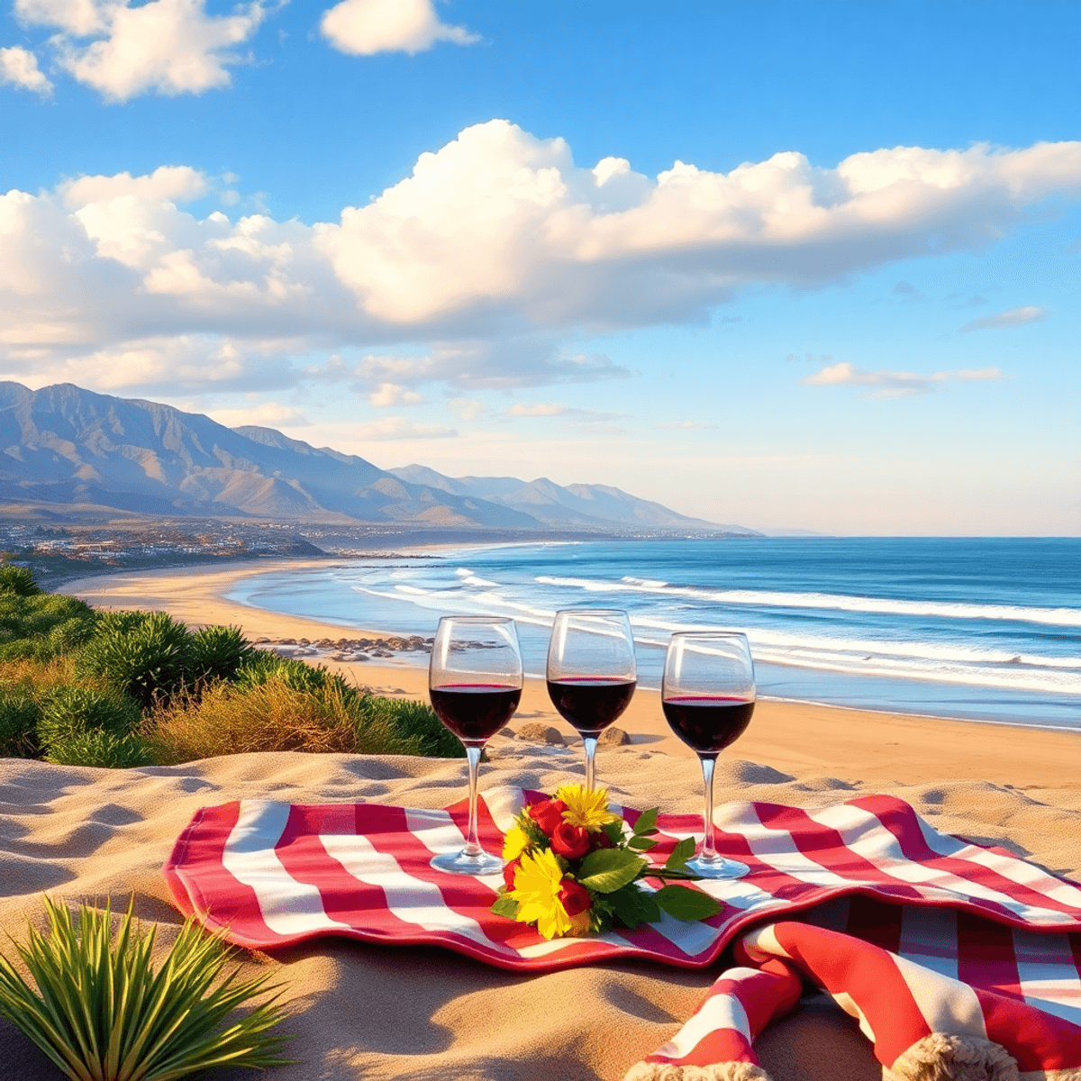 A picturesque coastal scene in Goleta, California, with the Santa Ynez Mountains and Pacific Ocean, featuring a romantic beach picnic setup with wi...