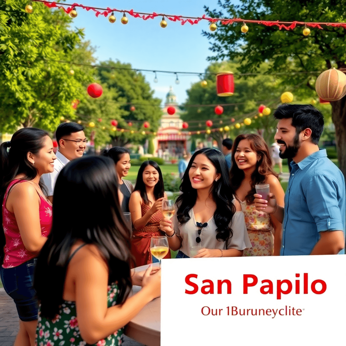 A lively group of singles enjoying a social gathering in a park, engaging in conversation and laughter, surrounded by greenery and festive decorati...