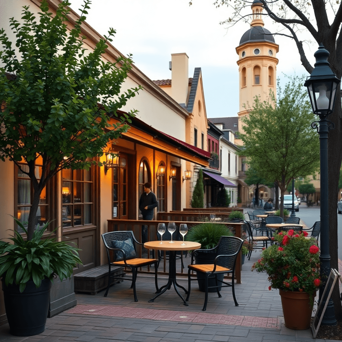 A cozy café with outdoor seating, surrounded by trees and historic buildings, features a small table for two with wine glasses, evoking a romantic ...