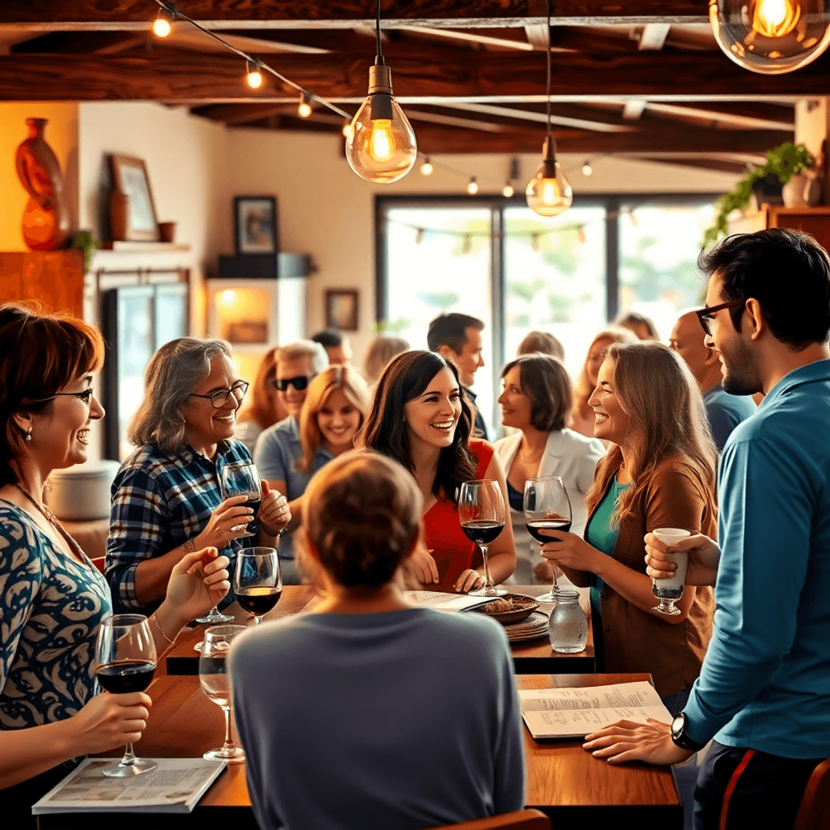 A lively social event in a small-town setting, featuring singles mingling with wine glasses, books, and cooking utensils, all set in a warm, inviti...