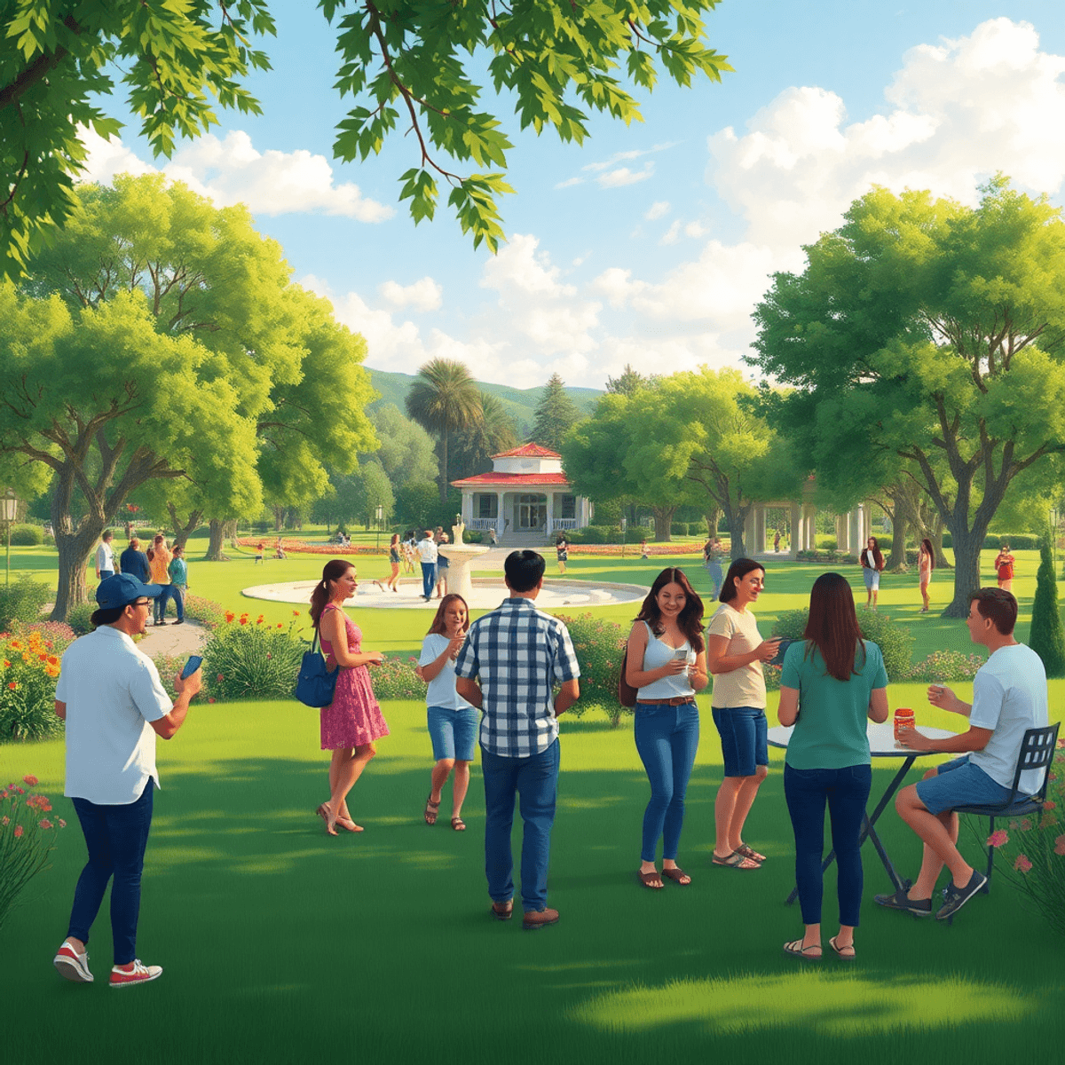 A lively park scene in Lathrop, California, filled with lush greenery and people chatting, enjoying community activities, and fostering a welcoming...