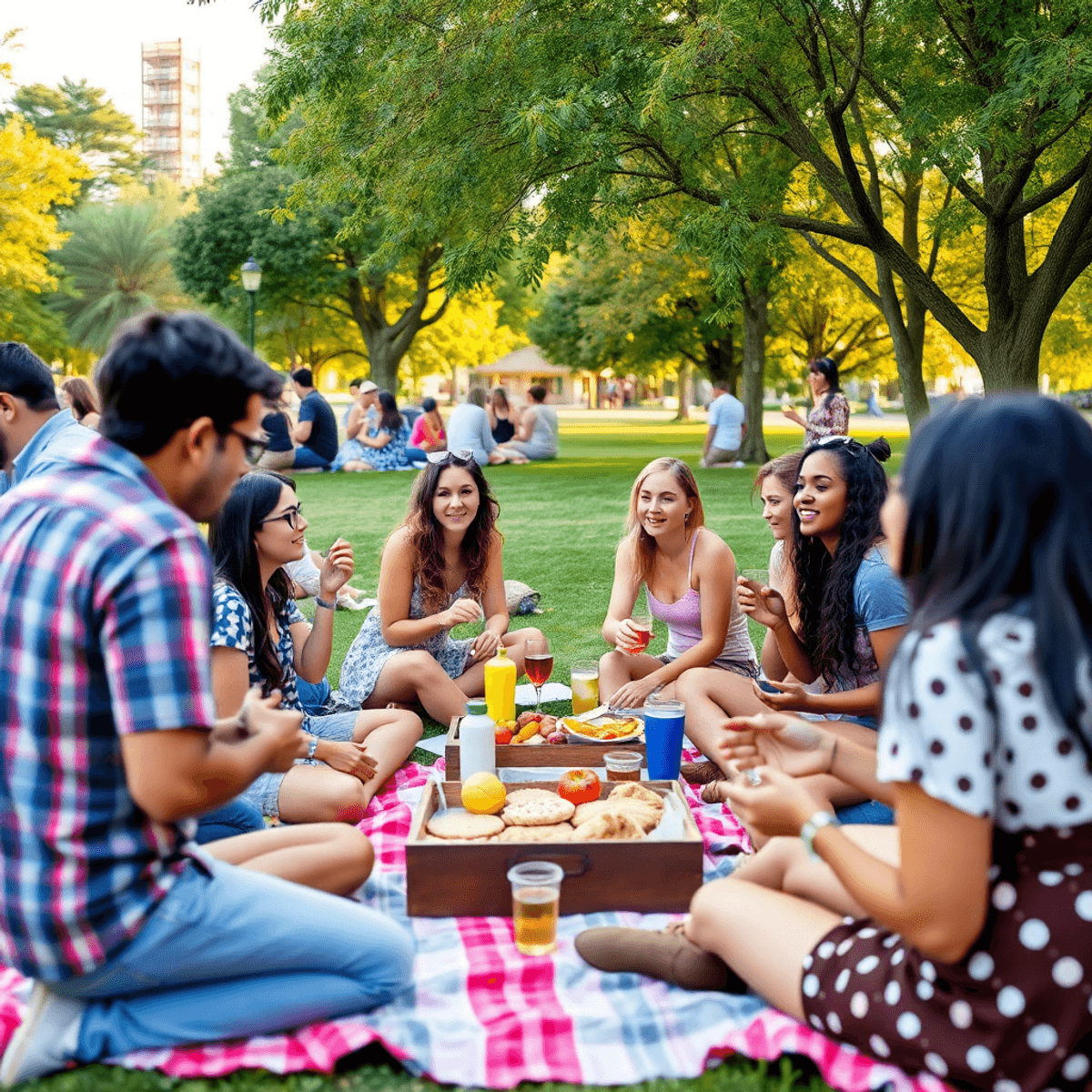 A lively community gathering in a suburban park with singles chatting, playing games, and enjoying food on picnic blankets, creating a warm and inv...