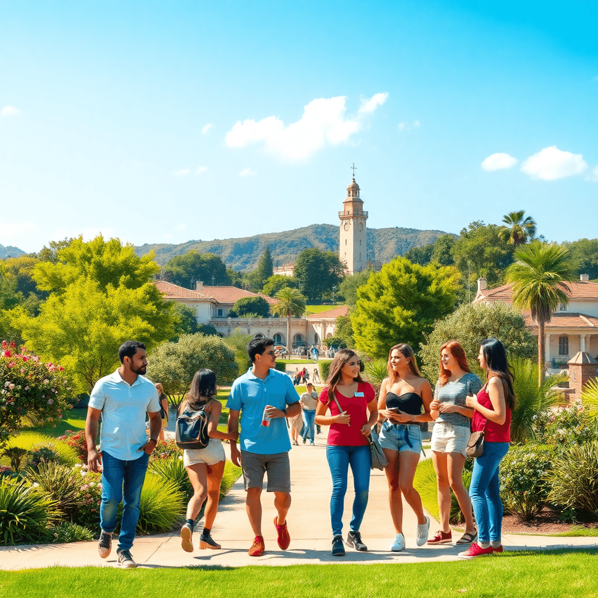 A sunny park scene in San Dimas, California, featuring young adults engaging in friendly conversations and activities amidst lush greenery and loca...