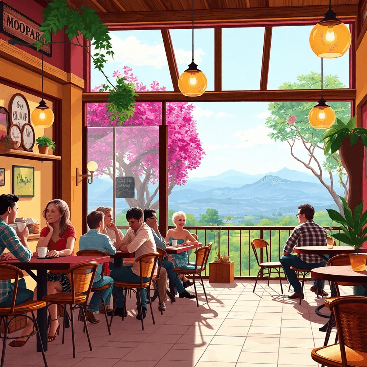 A cozy coffee shop scene with people chatting and enjoying drinks, featuring a beautiful outdoor view that captures the essence of community and co...