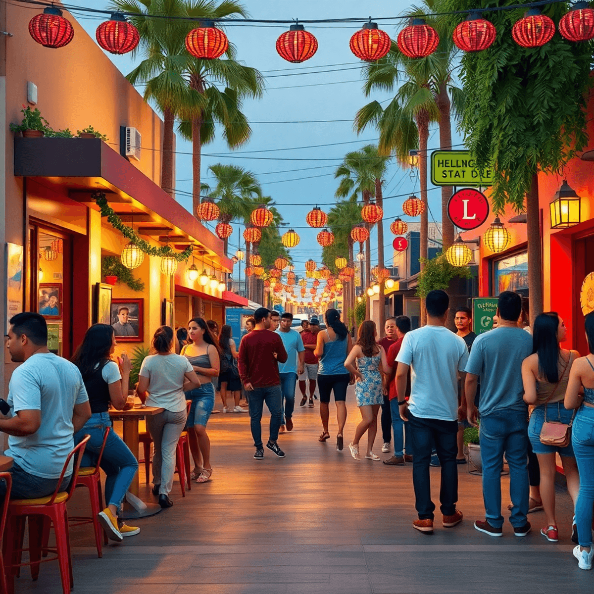 A lively street scene in Bell, California, featuring young singles socializing at outdoor cafes and community events, surrounded by colorful decora...