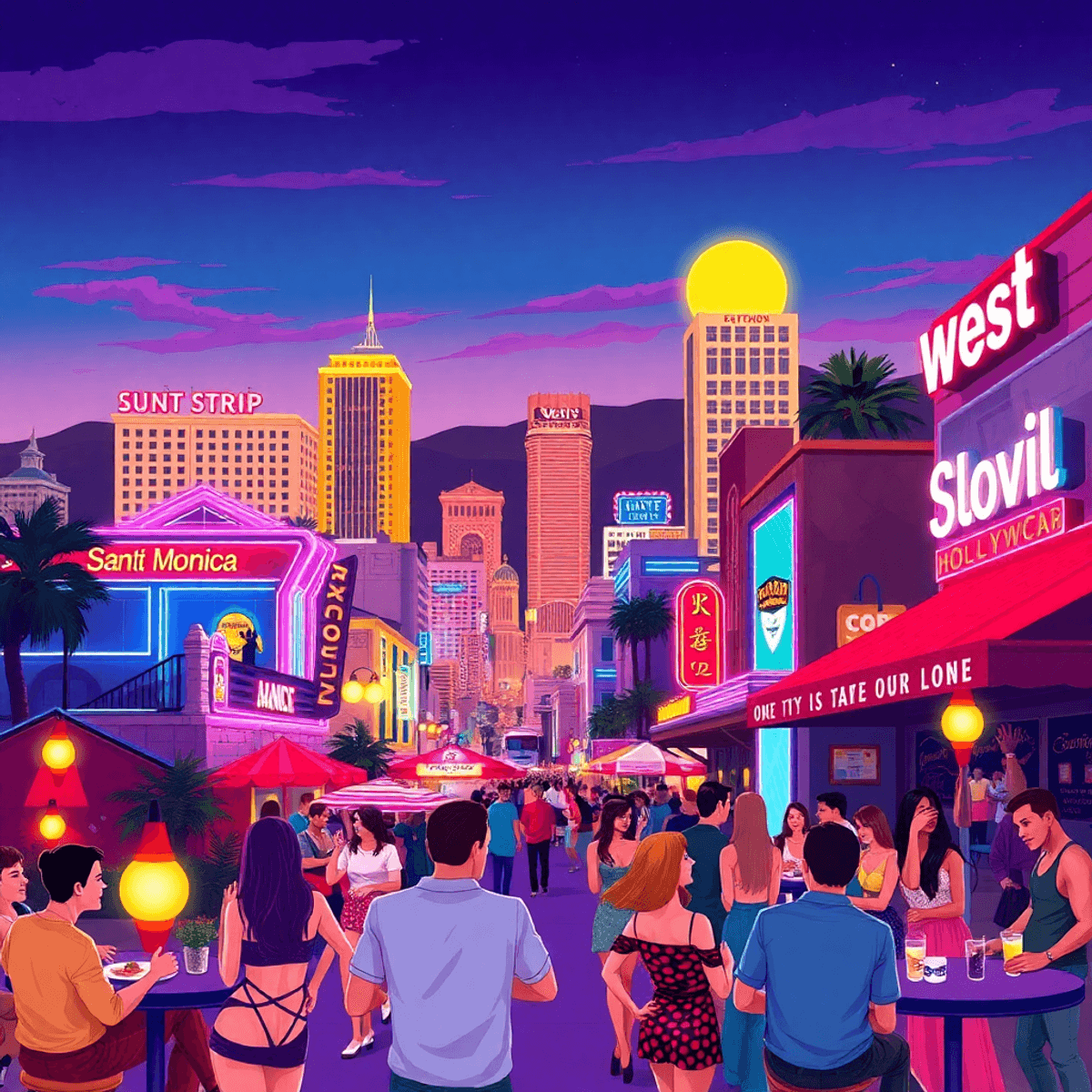 A colorful illustration of the West Hollywood skyline showcasing the Sunset Strip and Santa Monica Boulevard, with neon lights, outdoor cafes, and ...