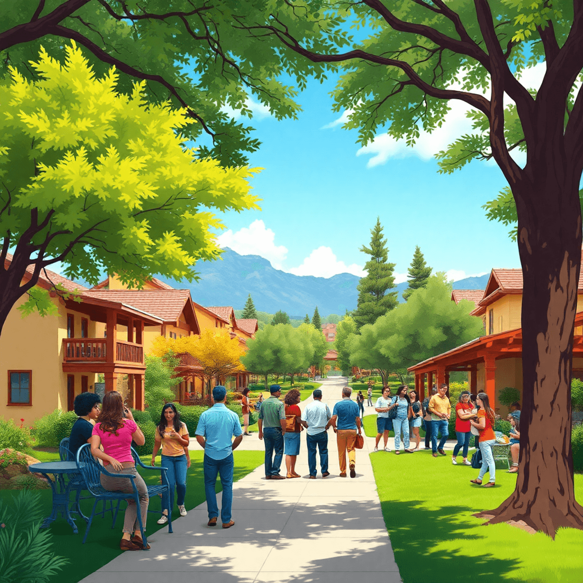 A picturesque suburban park in La Presa, California, filled with lush greenery, people socializing, and outdoor gatherings, creating a warm and wel...