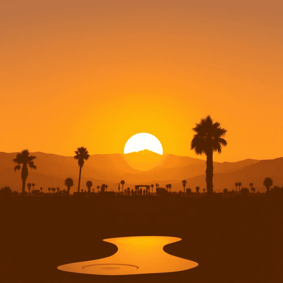 A tranquil desert scene at sunset with silhouetted palm trees, mineral springs, and subtle symbols of connection like intertwined hearts, evoking c...
