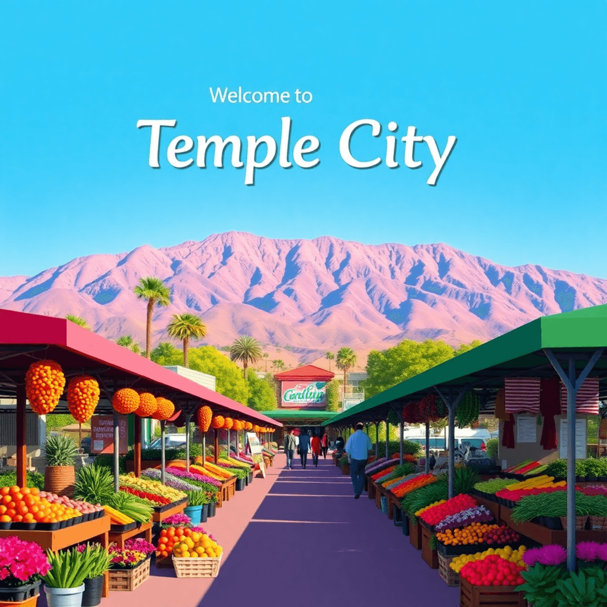 A lively Farmer's Market scene with colorful stalls of fresh produce and flowers in the foreground, set against the San Gabriel Mountains, creating...