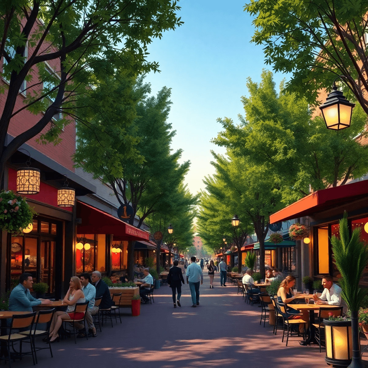 A lively street scene in Campbell, California, featuring tree-lined streets, cozy cafes, busy bars, and outdoor seating filled with people enjoying...