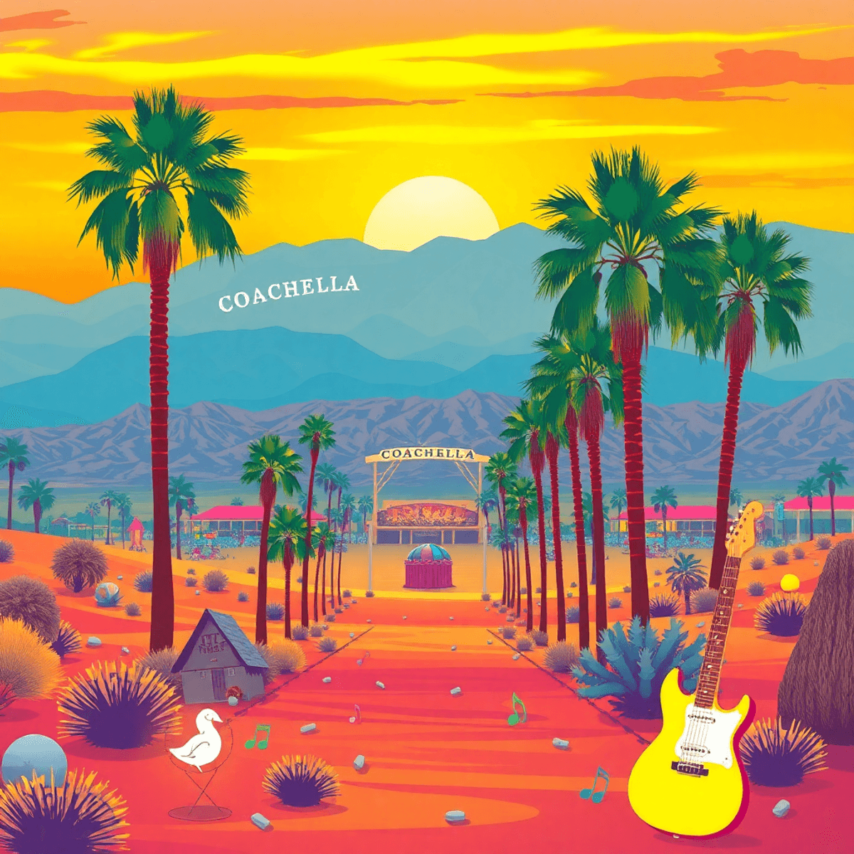 A vibrant desert landscape with palm trees, colorful music festival elements like guitars and musical notes, under a romantic sunset sky.