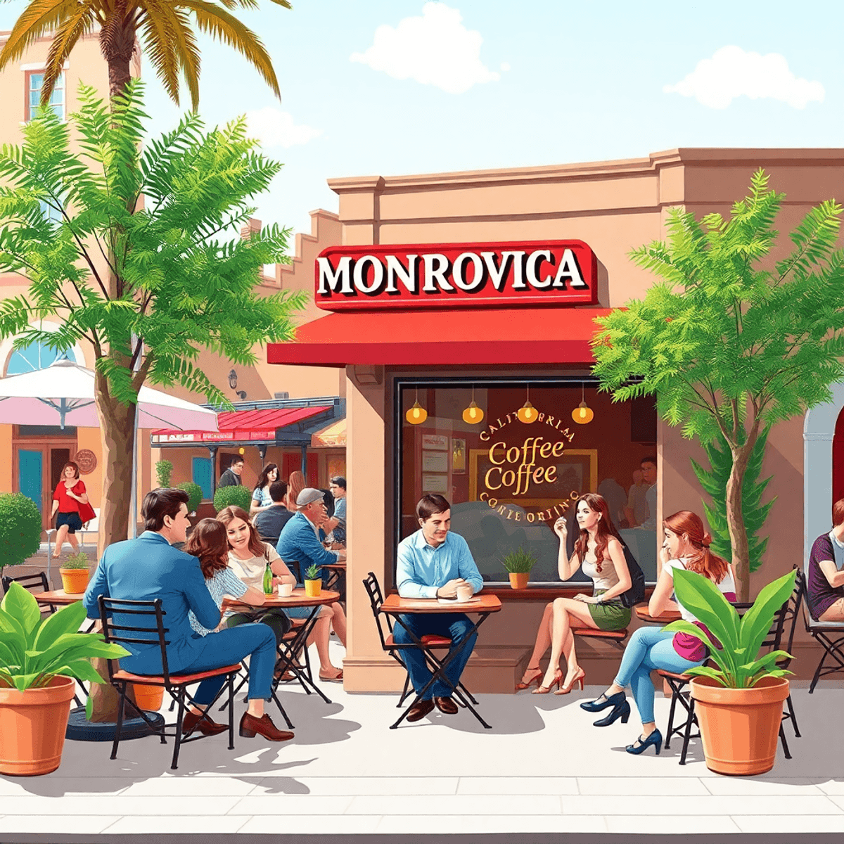 A charming coffee shop in Monrovia, California, bustling with people enjoying outdoor seating, surrounded by vibrant architecture and greenery, evo...