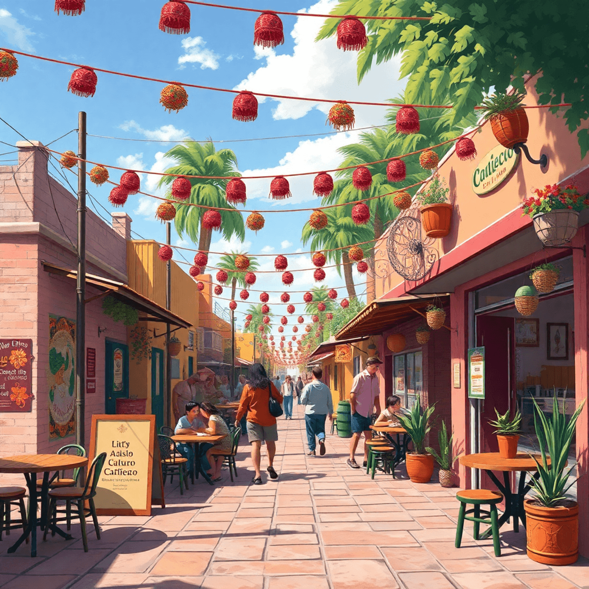 A lively street scene in Calexico with colorful decorations, traditional motifs, and social spaces, reflecting a warm community atmosphere blending...