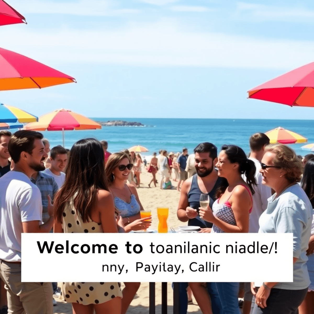 A lively beach gathering in Pacifica, California, with singles chatting under colorful umbrellas, set against stunning ocean views and a sunny coas...