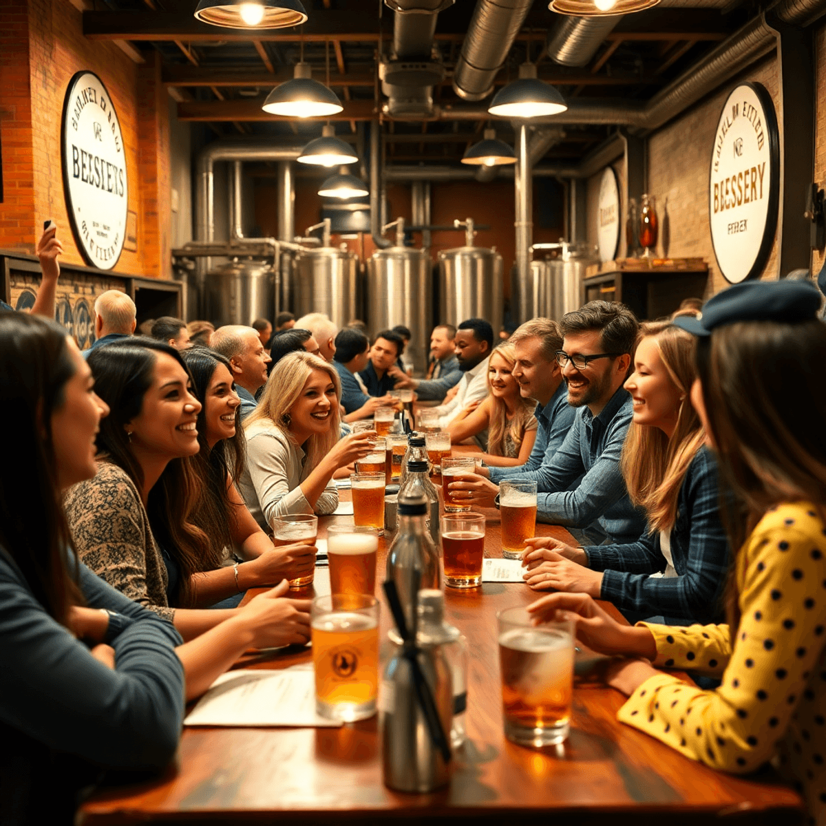 A lively speed dating event at a brewery, with singles engaged in conversation and laughter, surrounded by rustic decor and drinks on tables, creat...