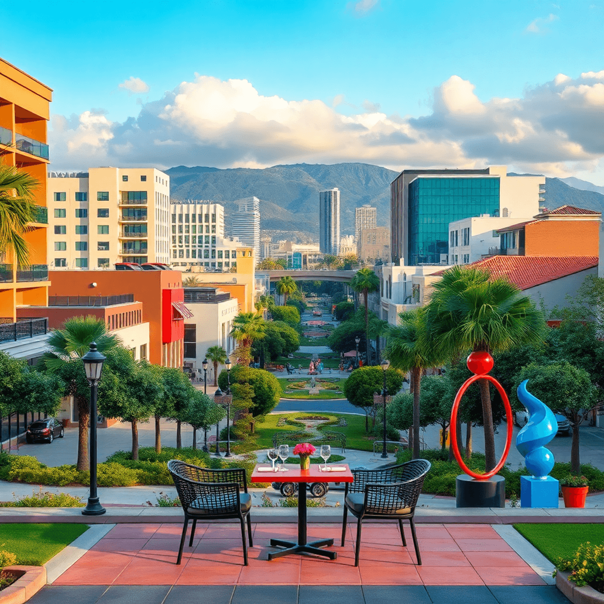 A colorful cityscape of Culver City featuring modern buildings, lush parks, outdoor dining for two, and art installations, evoking community and ro...