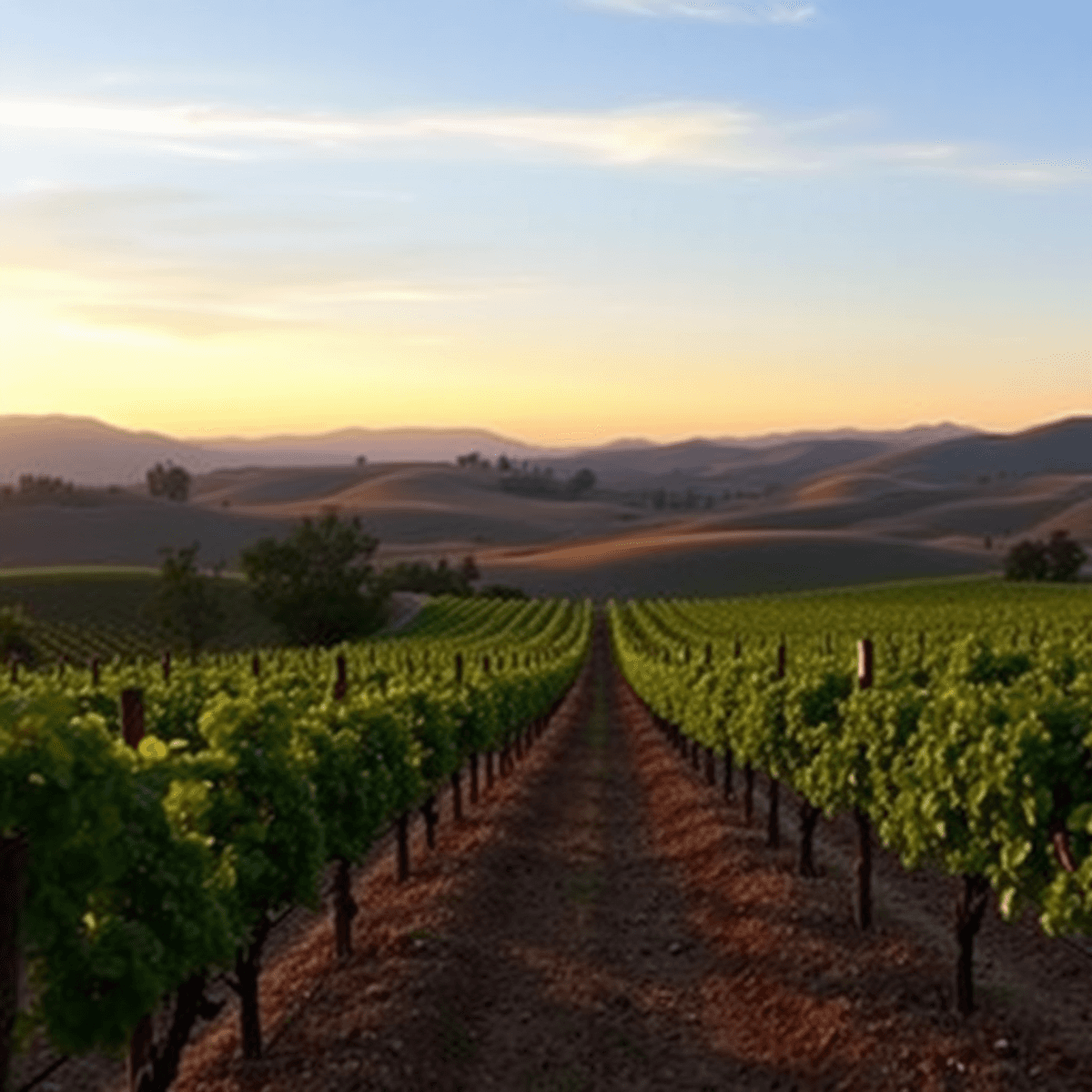 A scenic vineyard in California at sunset, showcasing rolling hills and lush grapevines, bathed in warm, soft lighting that creates a romantic and ...