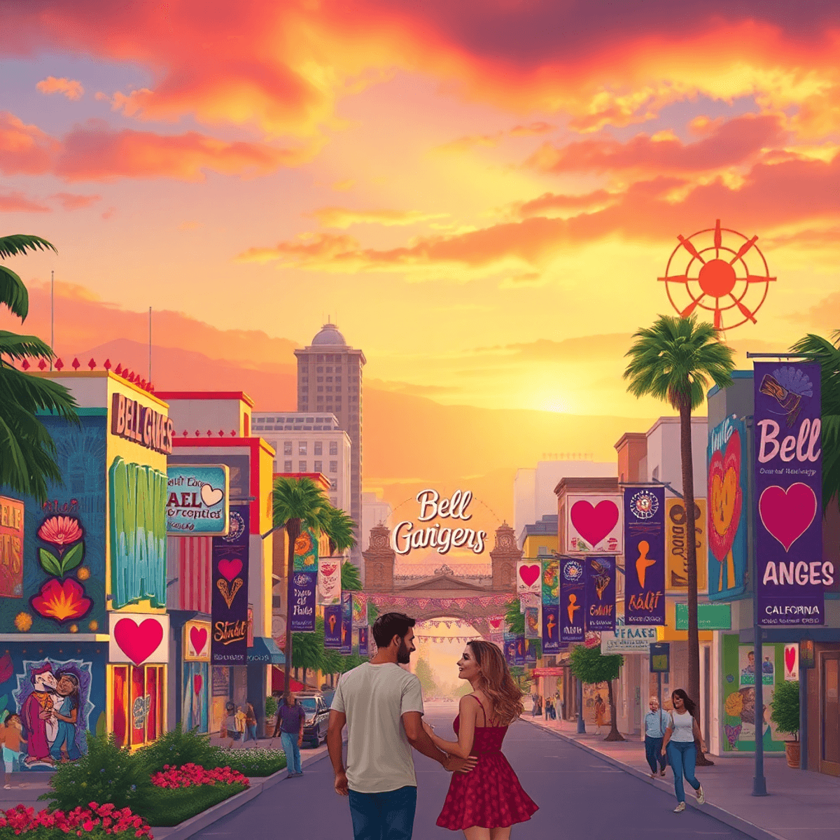A vibrant cityscape of Bell Gardens, California, showcasing colorful street art, local event banners, and couples enjoying the warm sunset light fi...