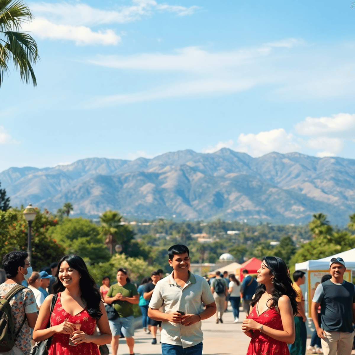 A vibrant outdoor scene in Altadena, California, featuring the San Gabriel Mountains, scenic hiking trails, and people enjoying community events li...