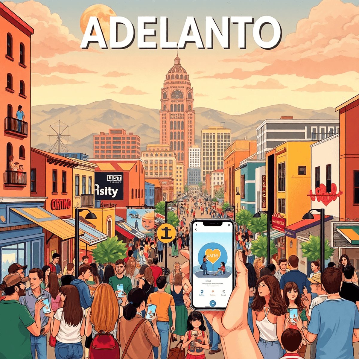 A lively cityscape of Adelanto, California, with people enjoying community events, coffee cups, and smartphones displaying dating apps, blending tr...
