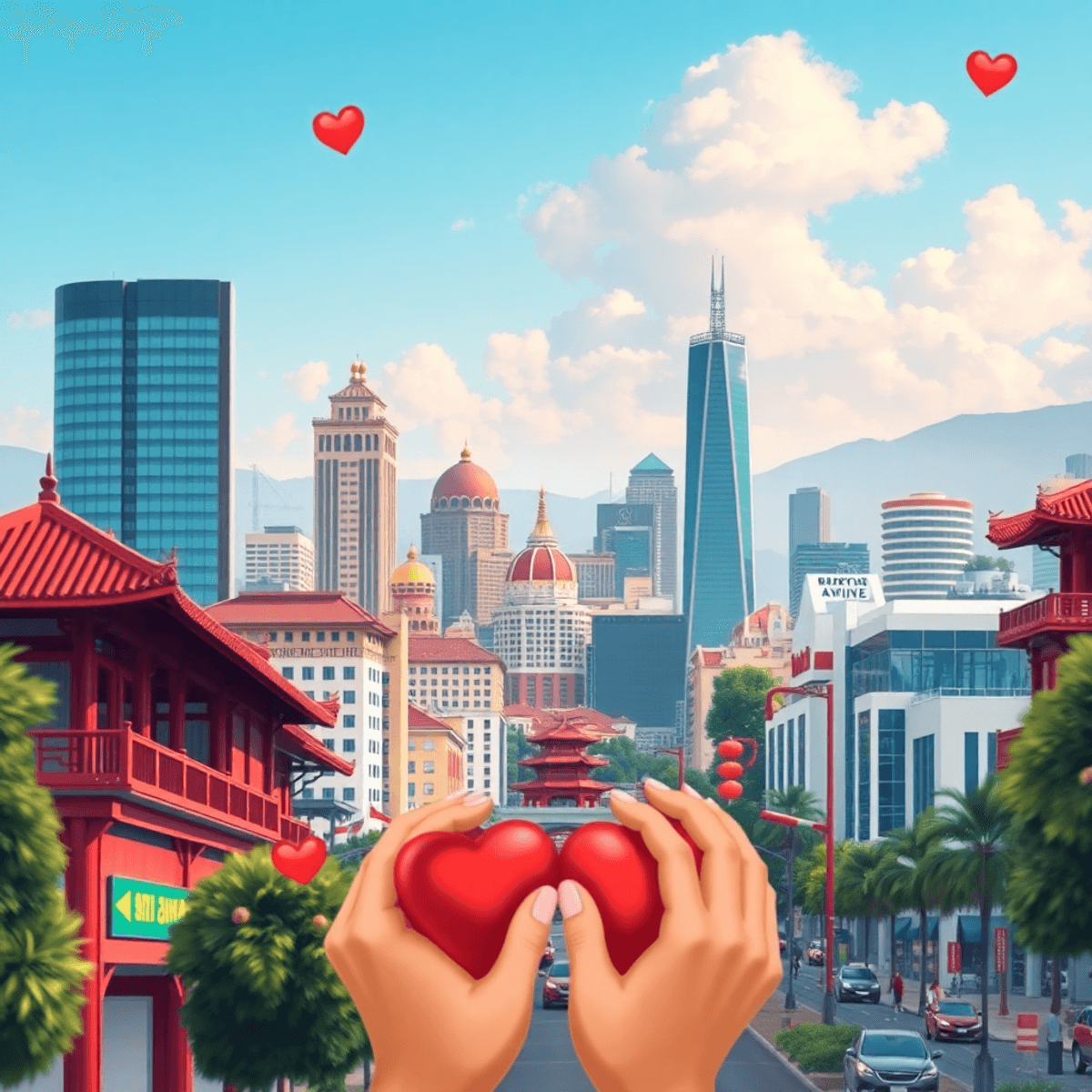 A vibrant cityscape of San Gabriel featuring modern architecture and traditional Asian elements, with hearts and intertwined hands in the foregroun...
