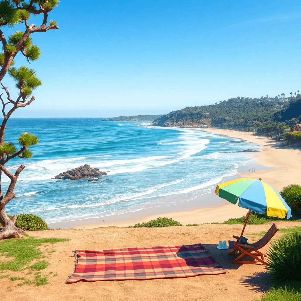A serene coastal scene at Rancho Palos Verdes with a beautiful beach, gentle waves, lush greenery, picnic blanket, and colorful beach umbrellas und...