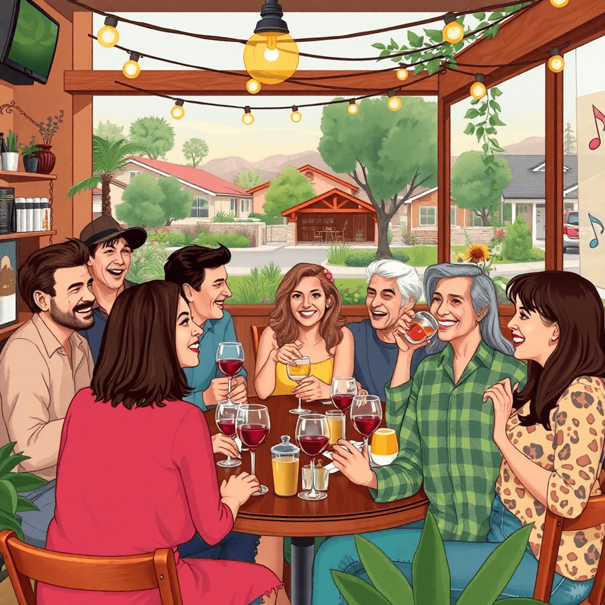 A lively coffee shop scene in Antelope, California, with singles socializing over wine glasses, art supplies, and music notes, set in a charming su...