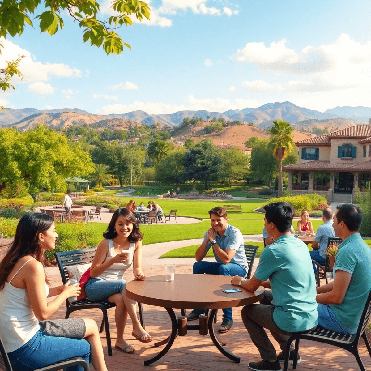 A lively park scene in Rancho Santa Margarita with individuals socializing over coffee and playing games, surrounded by lush greenery and a sense o...