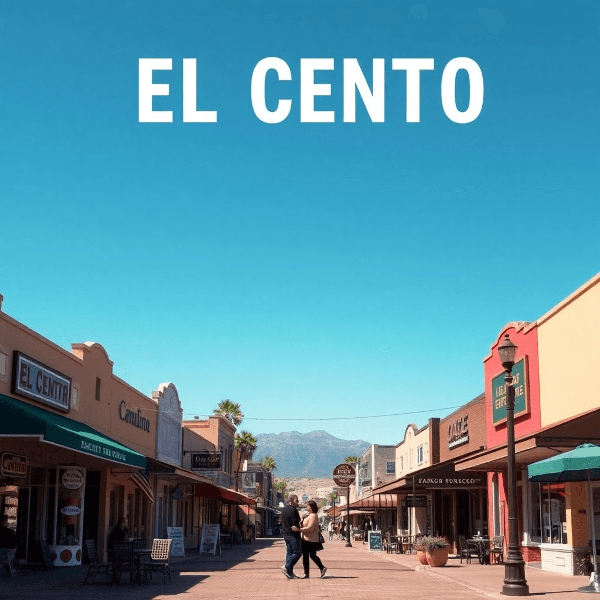 A charming small-town street in El Centro, California, lined with local shops and cafes under a clear blue sky, featuring a cozy outdoor seating ar...